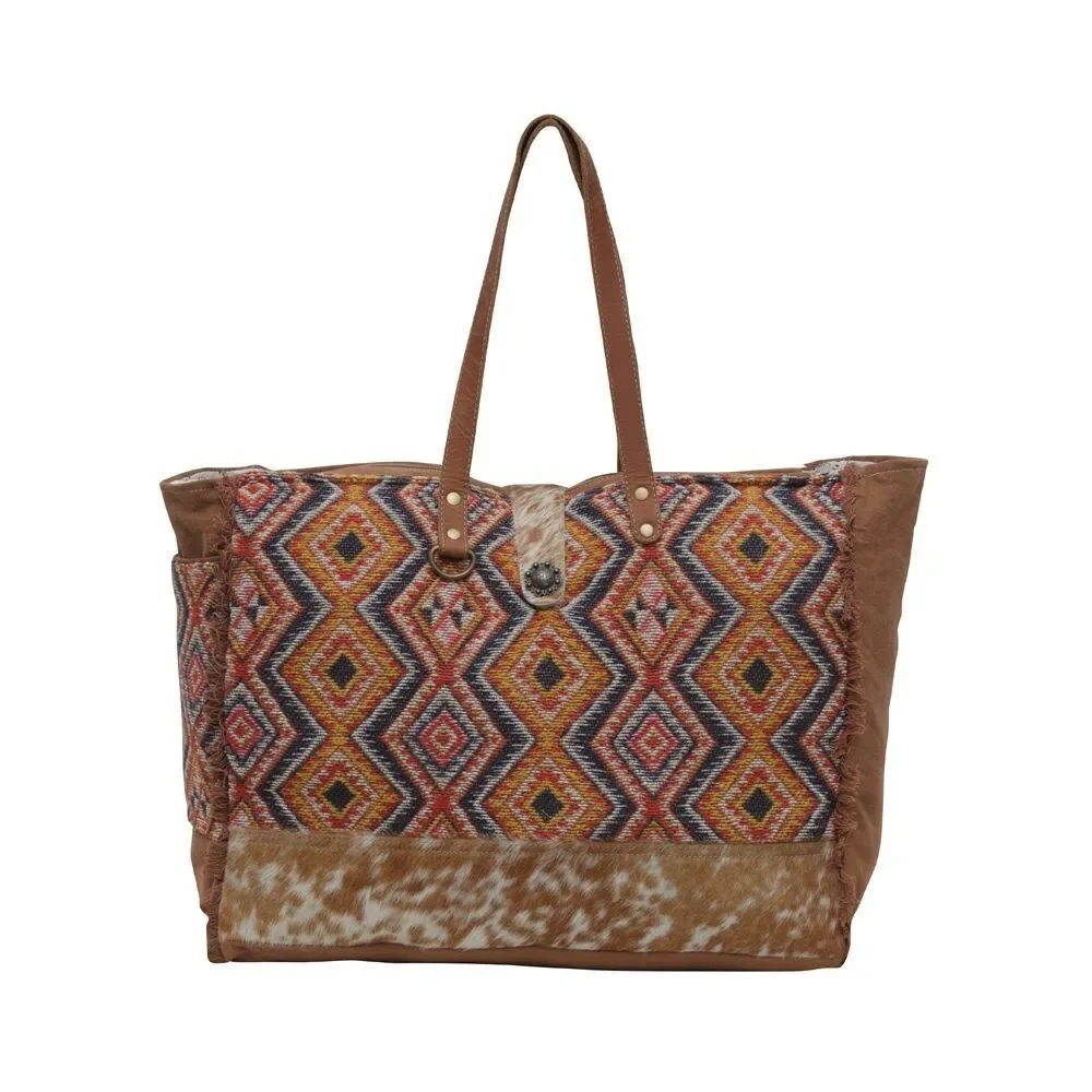 Myra Bag Handmade Geometric Weekender Bag Upcycled Canvas & Cowhide Leather